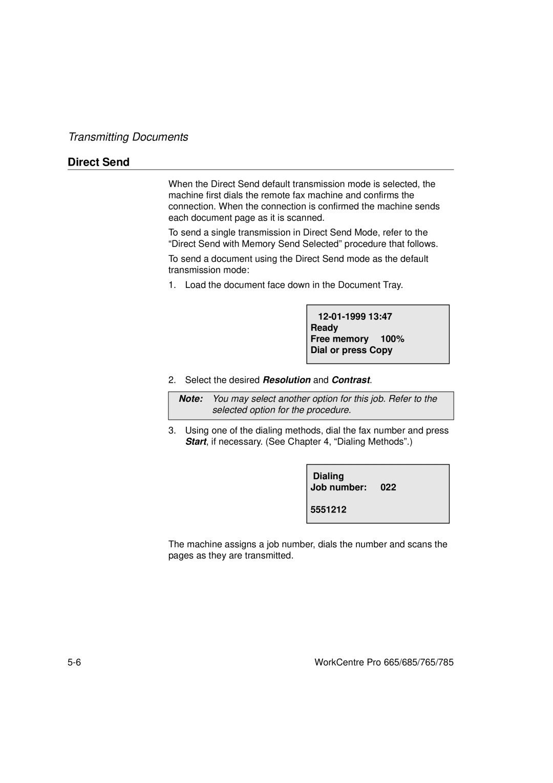 Xerox 765, 665, 685, 785 manual Direct Send, Dialing Job number 5551212 