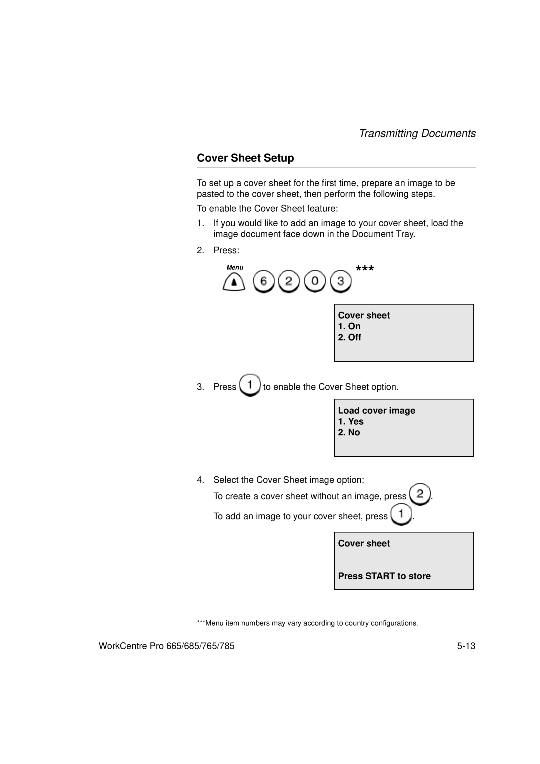 Xerox 785, 765, 665, 685 Cover Sheet Setup, Cover sheet 1. On Off, Load cover image 1. Yes, Cover sheet Press Start to store 