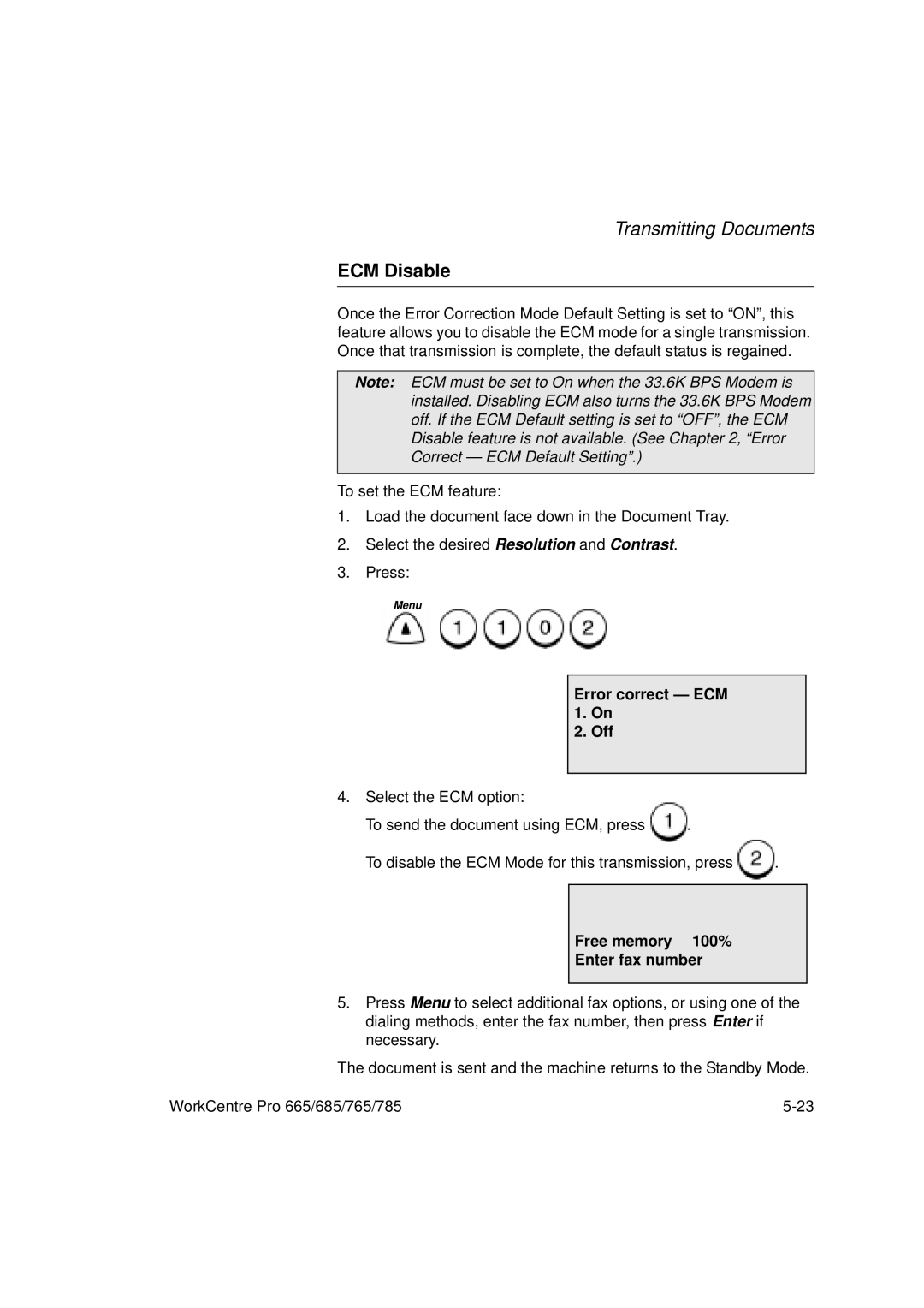 Xerox 665, 765, 685, 785 manual ECM Disable, Error correct ECM 1. On Off 