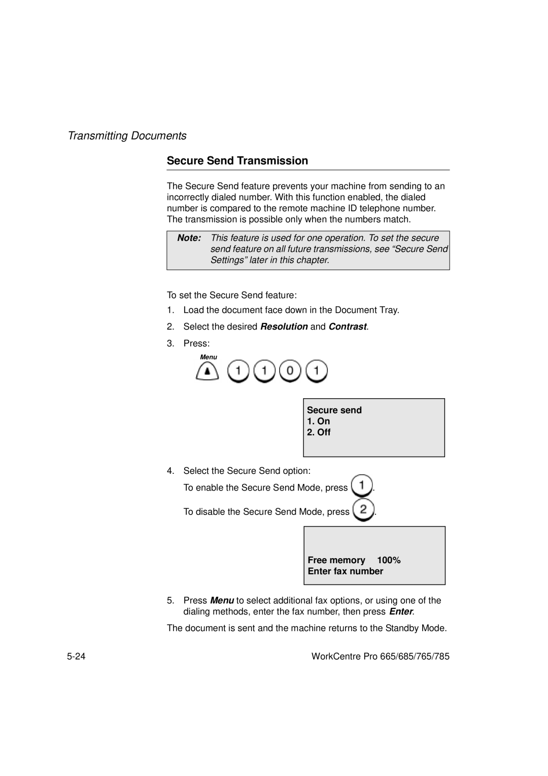 Xerox 685, 765, 665, 785 manual Secure Send Transmission, Secure send Off 