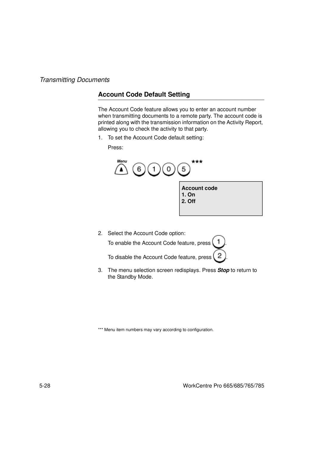 Xerox 685, 765, 665, 785 manual Account Code Default Setting, Account code 1. On Off 