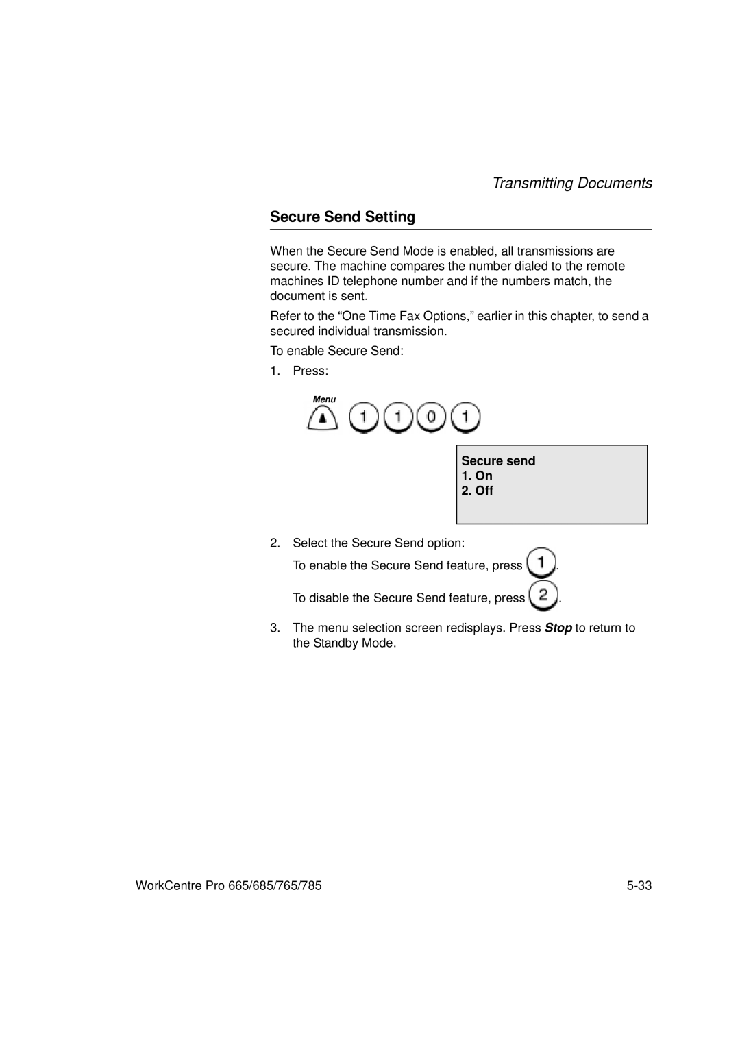 Xerox 785, 765, 665, 685 manual Secure Send Setting, Secure send Off 