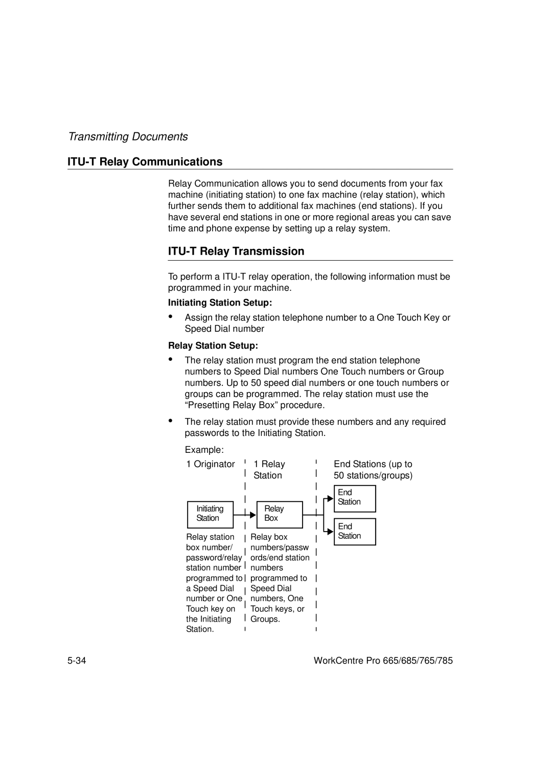 Xerox 765, 665, 685, 785 ITU-T Relay Communications, ITU-T Relay Transmission, Initiating Station Setup, Relay Station Setup 