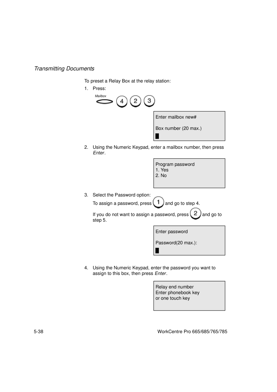 Xerox 765, 665, 685, 785 manual Enter mailbox new# Box number 20 max, Program password 1. Yes, Enter password Password20 max 
