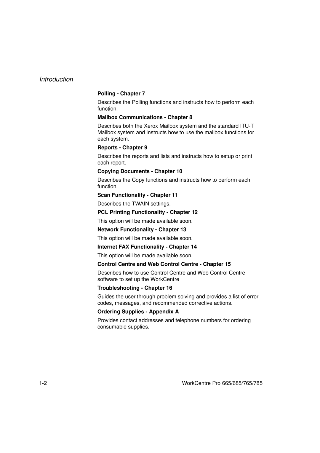 Xerox 765, 665, 685, 785 manual Polling Chapter, Mailbox Communications Chapter, Reports Chapter, Copying Documents Chapter 