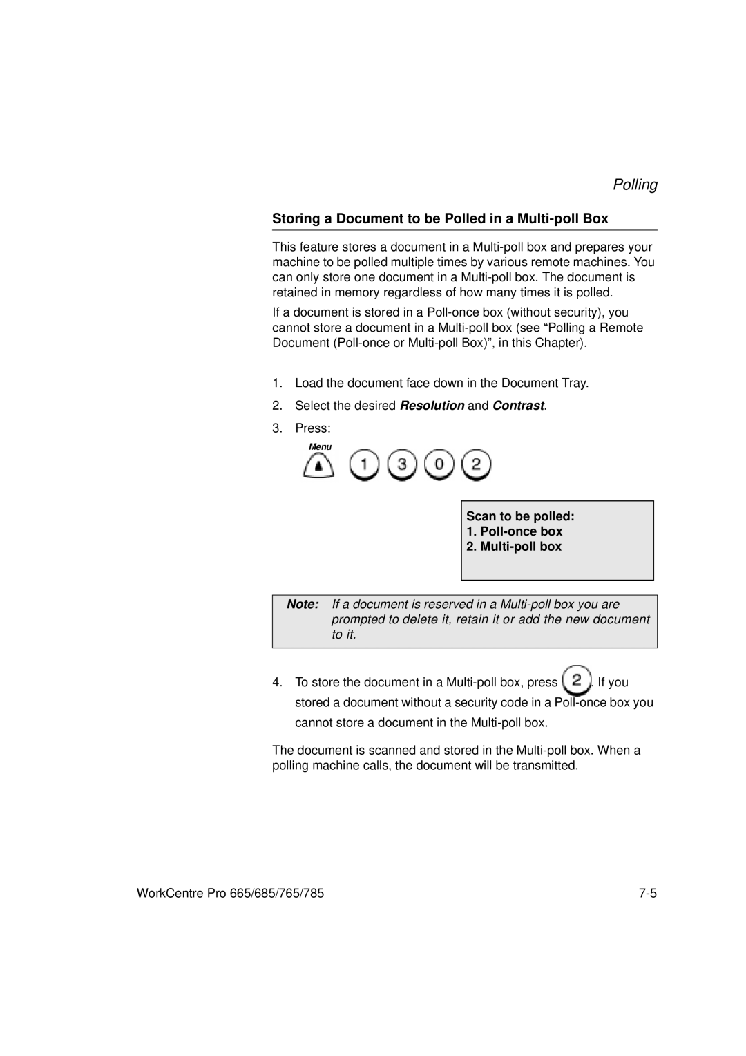 Xerox 785, 765, 665, 685 manual Storing a Document to be Polled in a Multi-poll Box 