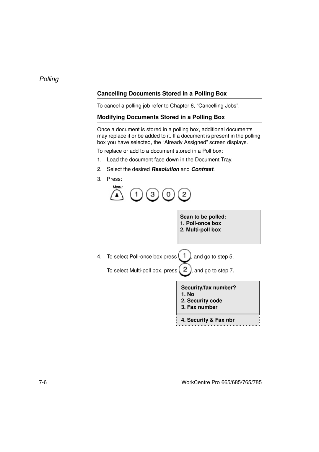 Xerox 765 Cancelling Documents Stored in a Polling Box, Modifying Documents Stored in a Polling Box, Security/fax number? 