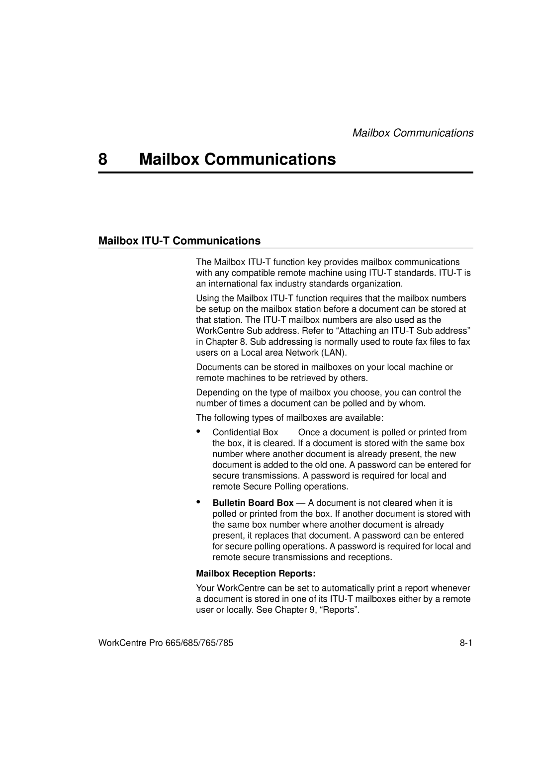 Xerox 665, 765, 685, 785 manual Mailbox Communications, Mailbox ITU-T Communications, Mailbox Reception Reports 