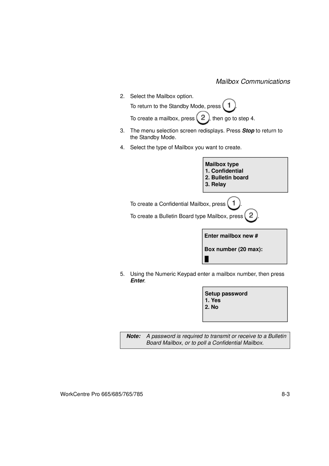 Xerox 785, 765, 665, 685 manual Mailbox type Confidential Bulletin board Relay, Enter mailbox new # Box number 20 max 