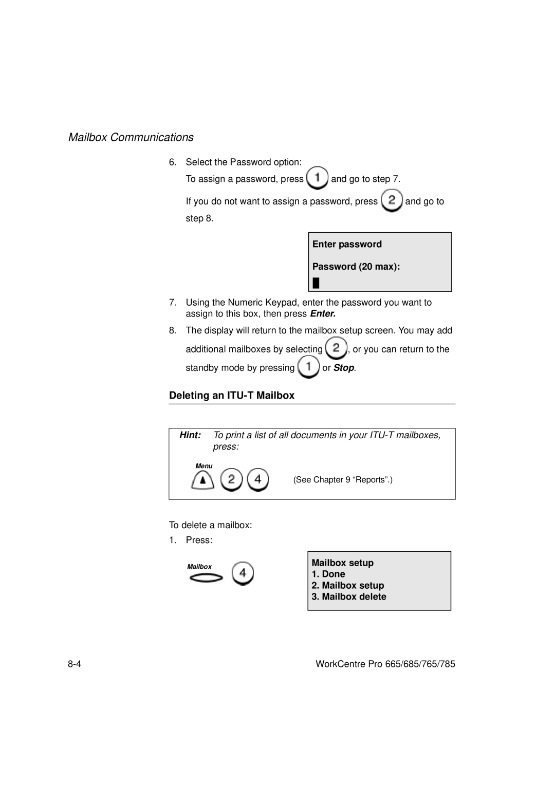 Xerox 765, 665, 685, 785 manual Deleting an ITU-T Mailbox, Enter password Password 20 max 