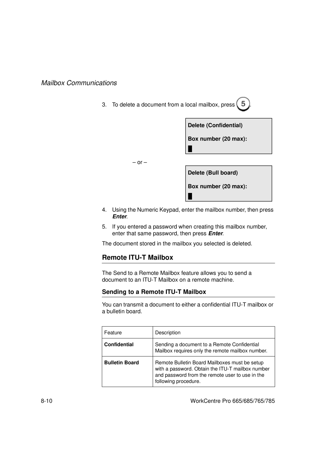 Xerox 685, 765, 665, 785 manual Sending to a Remote ITU-T Mailbox, Delete Confidential Box number 20 max Delete Bull board 