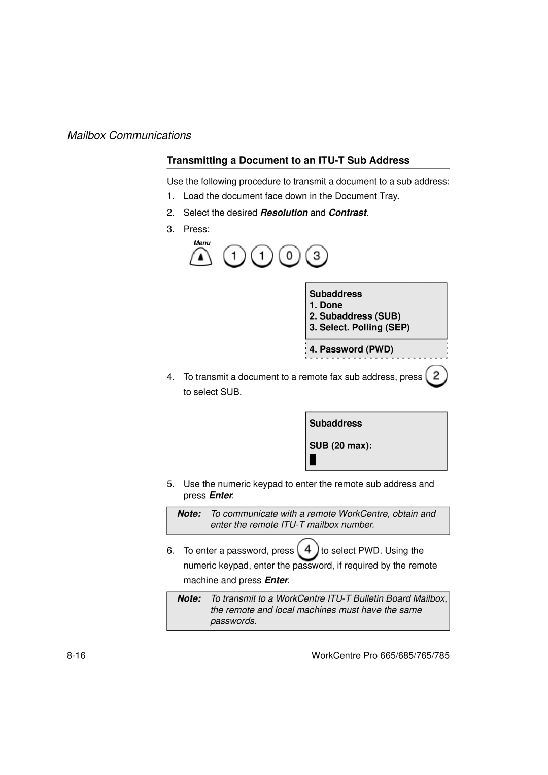 Xerox 765, 665, 685, 785 manual Transmitting a Document to an ITU-T Sub Address, Subaddress SUB 20 max 