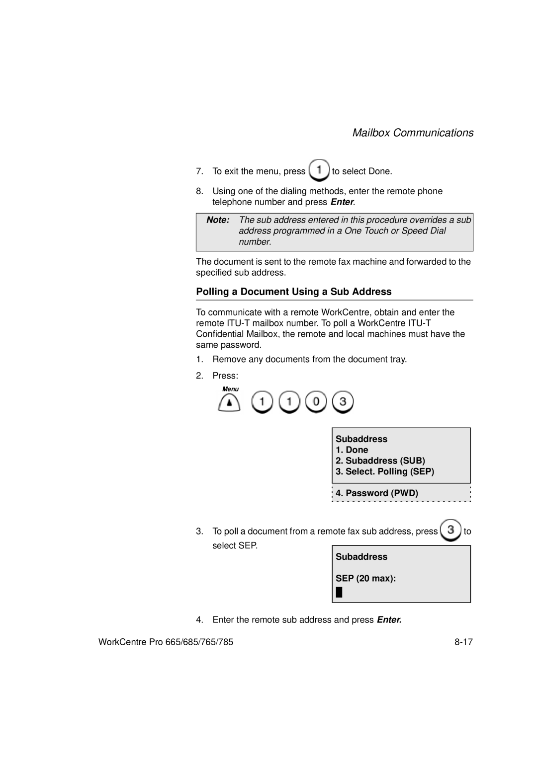 Xerox 665, 765, 685, 785 manual Polling a Document Using a Sub Address, Subaddress SEP 20 max 