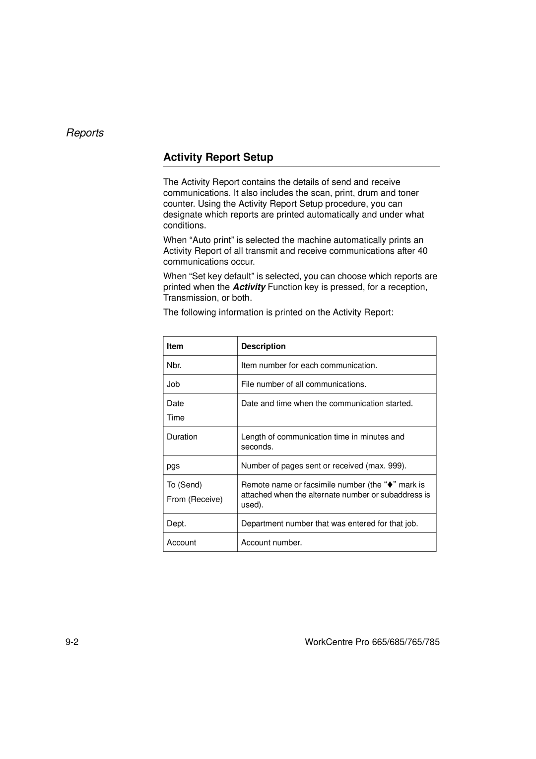 Xerox 765, 665, 685, 785 manual Activity Report Setup 