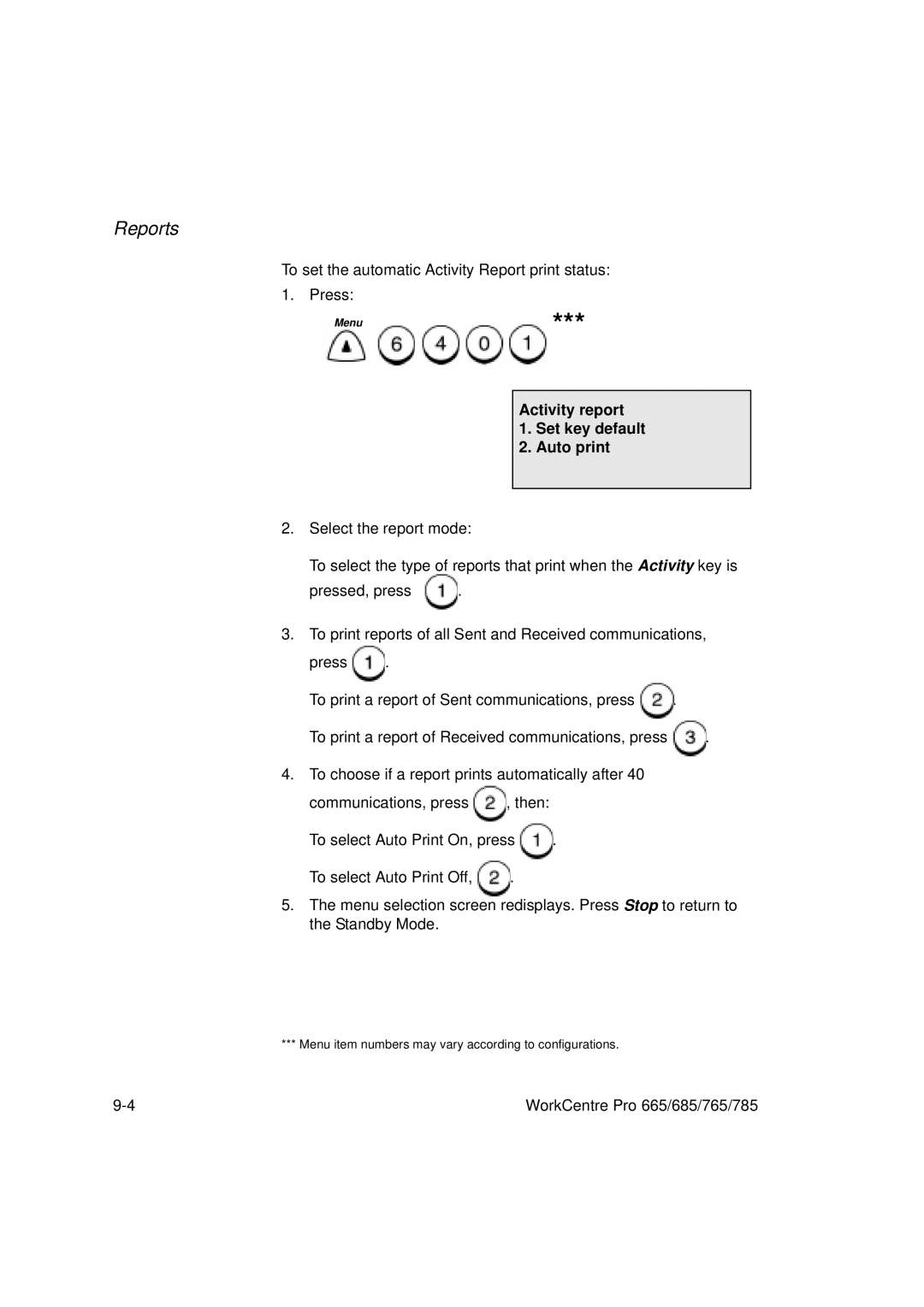 Xerox 685, 765, 665, 785 manual Activity report Set key default Auto print 