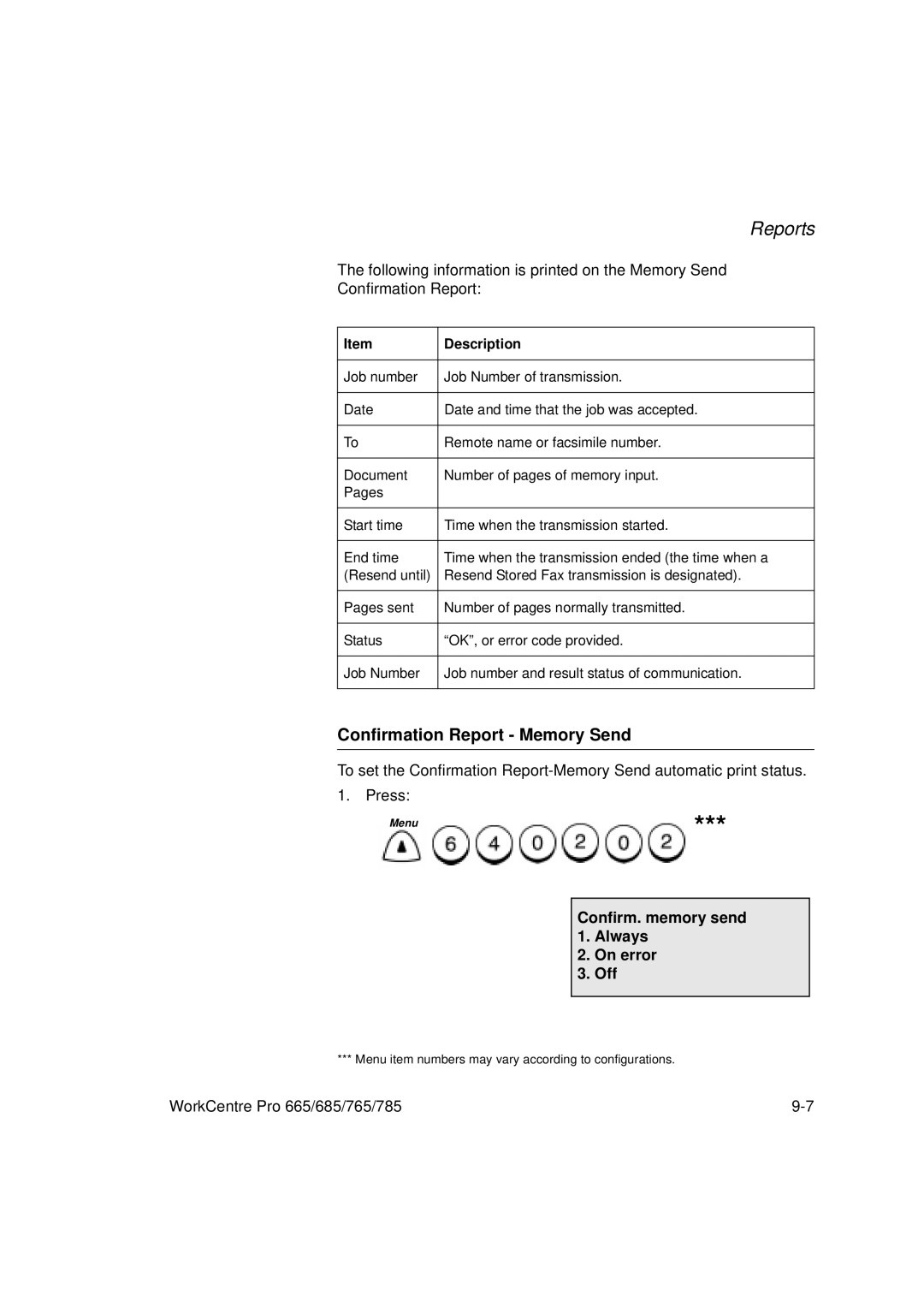 Xerox 665, 765, 685, 785 manual Confirmation Report Memory Send, Confirm. memory send 1. Always On error Off 