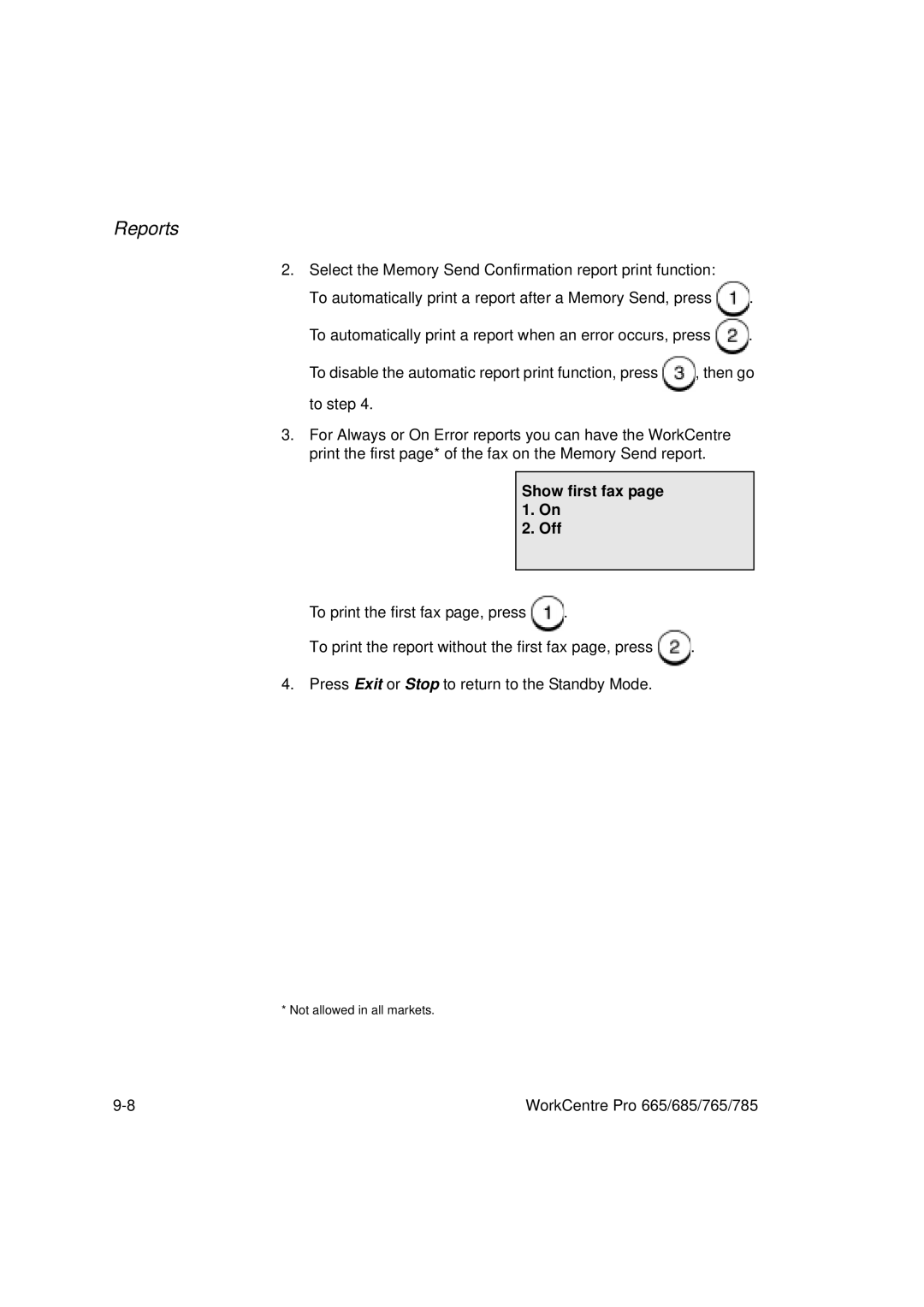 Xerox 685, 765, 665, 785 manual Show first fax page 1. On Off 