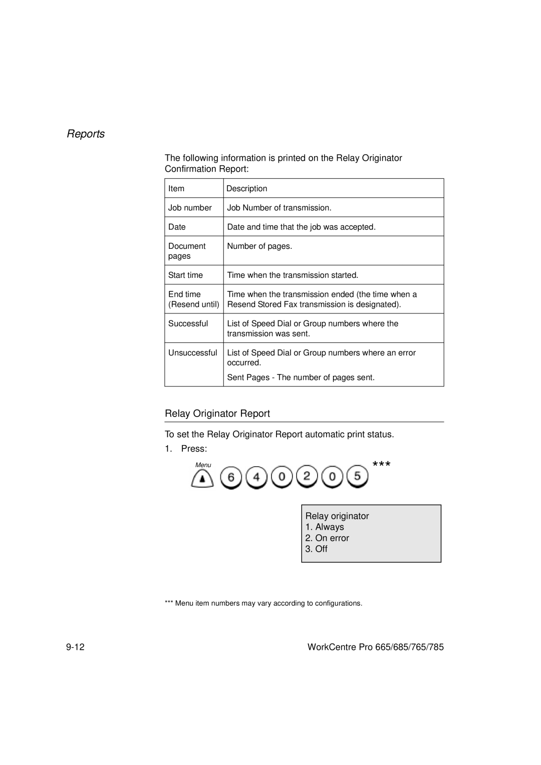 Xerox 685, 765, 665, 785 manual Relay Originator Report, Relay originator 1. Always On error Off 