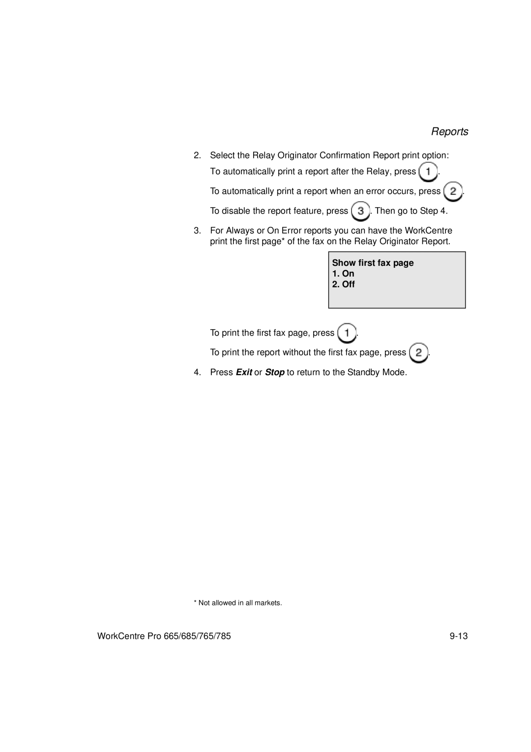 Xerox 785, 765, 665, 685 manual Show first fax page 1. On Off 