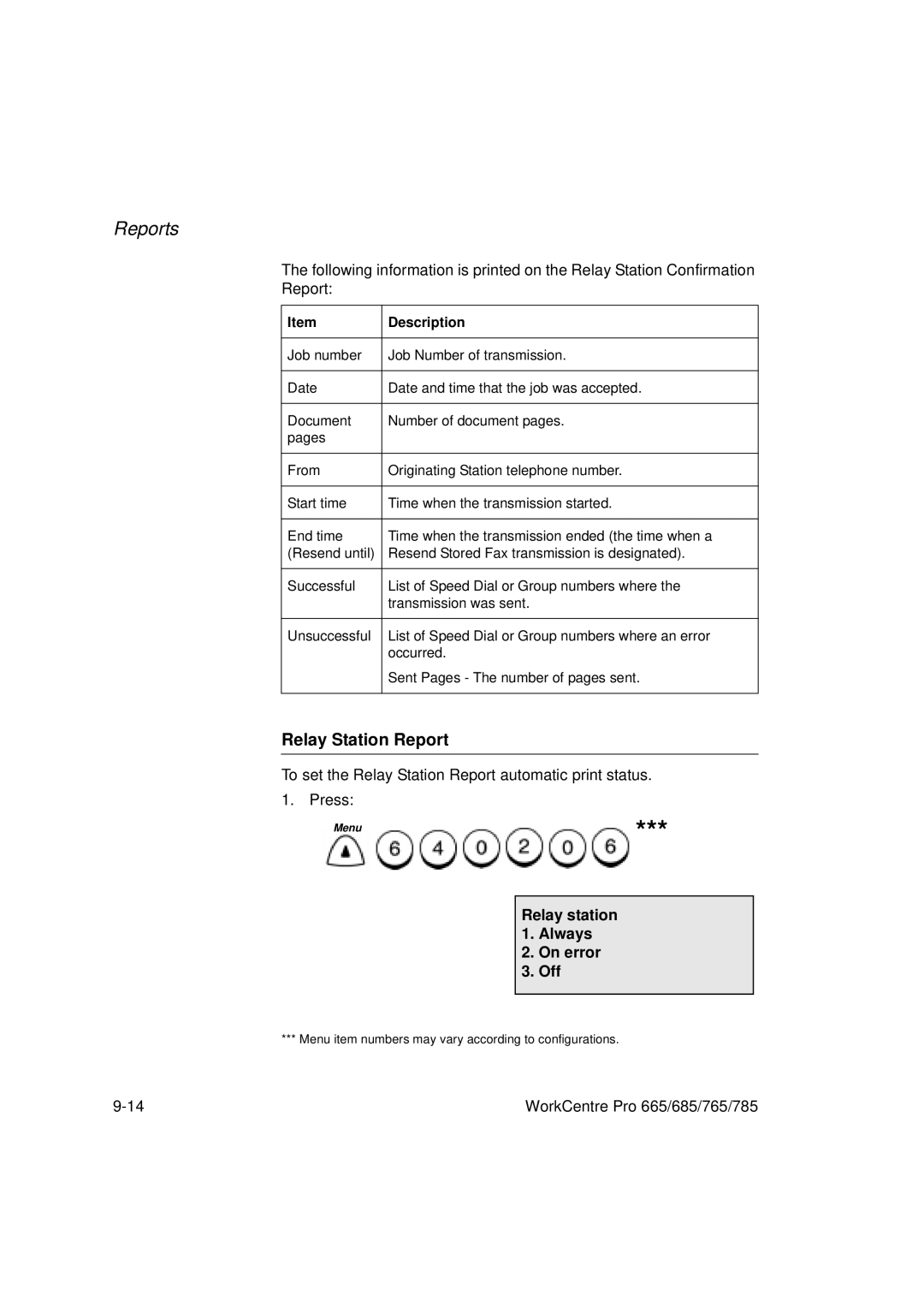 Xerox 765, 665, 685, 785 manual Relay Station Report, Relay station 1. Always On error Off 