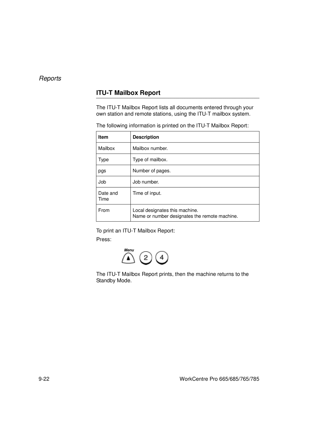 Xerox 765, 665, 685, 785 manual ITU-T Mailbox Report 