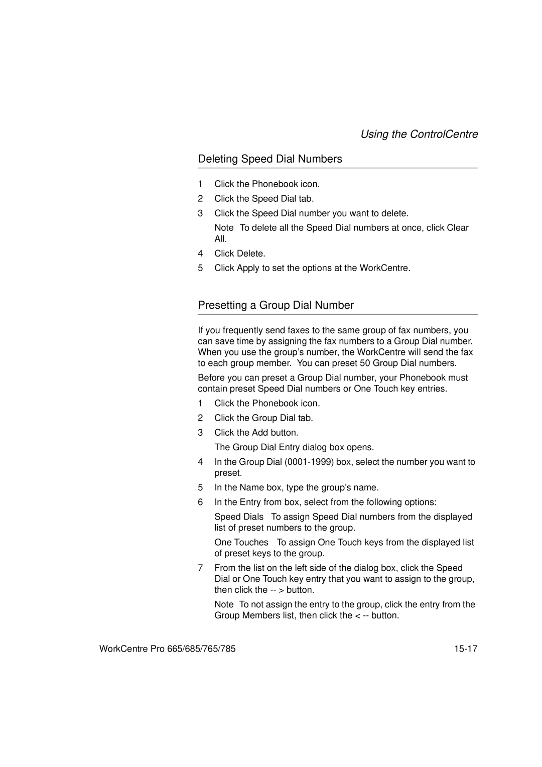 Xerox 665, 765, 685, 785 manual Deleting Speed Dial Numbers, Presetting a Group Dial Number 