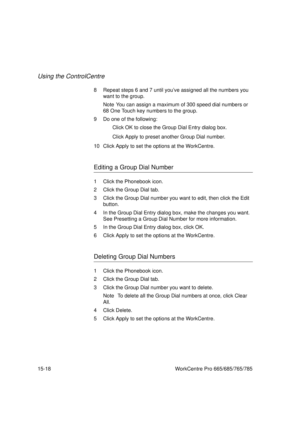 Xerox 685, 765, 665, 785 manual Editing a Group Dial Number, Deleting Group Dial Numbers 