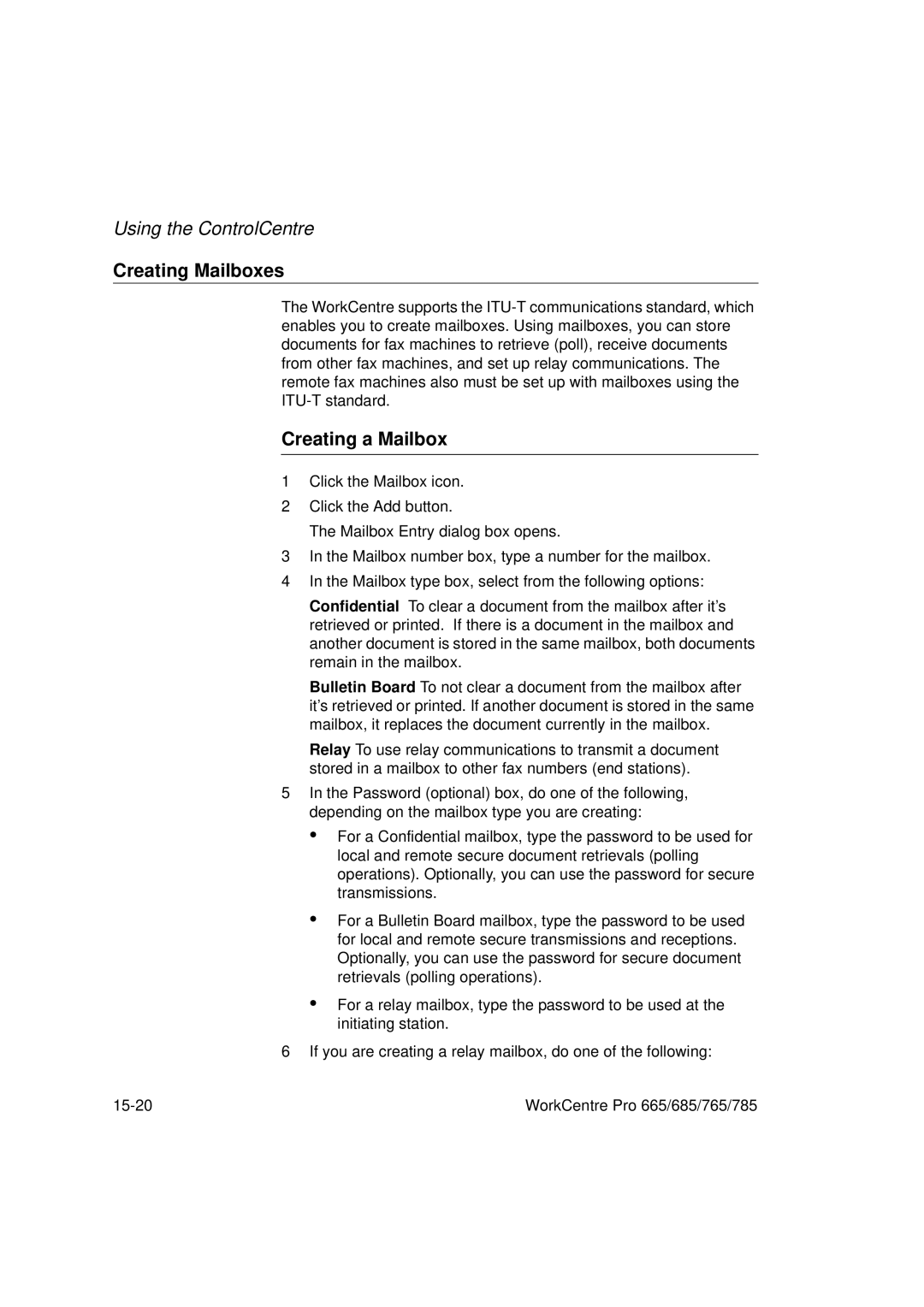 Xerox 765, 665, 685, 785 manual Creating Mailboxes, Creating a Mailbox 