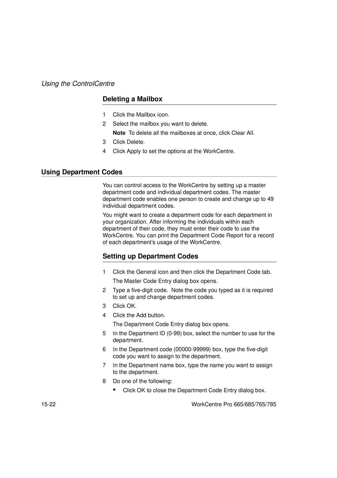 Xerox 685, 765, 665, 785 manual Deleting a Mailbox, Using Department Codes, Setting up Department Codes 