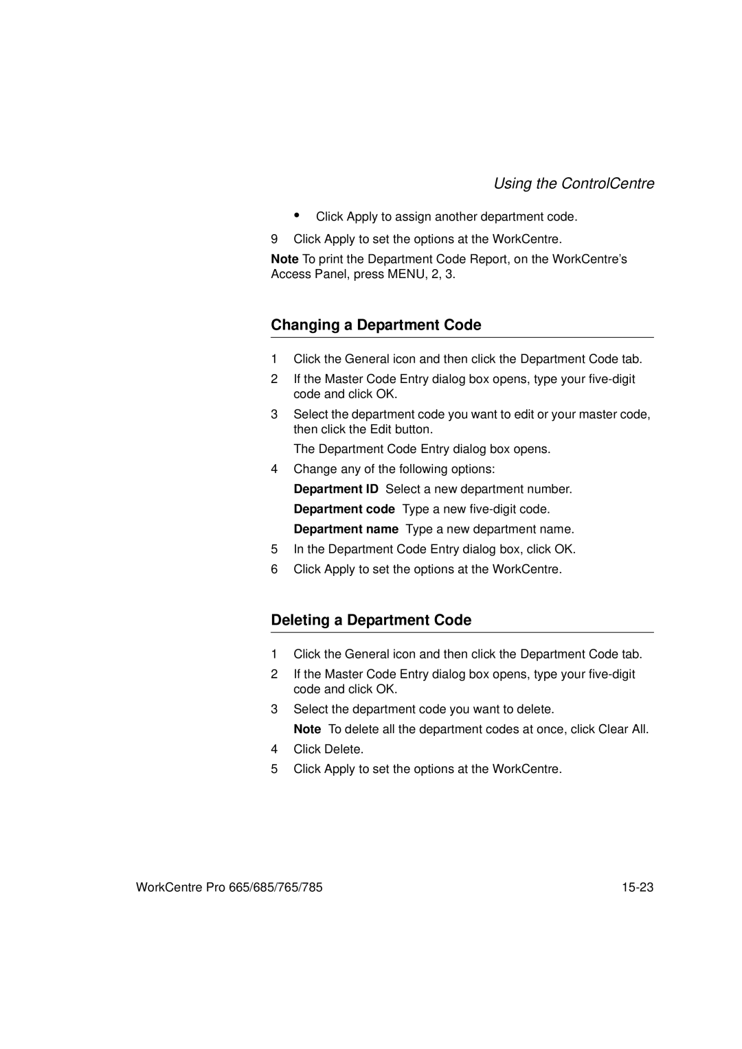 Xerox 785, 765, 665, 685 manual Changing a Department Code, Deleting a Department Code 