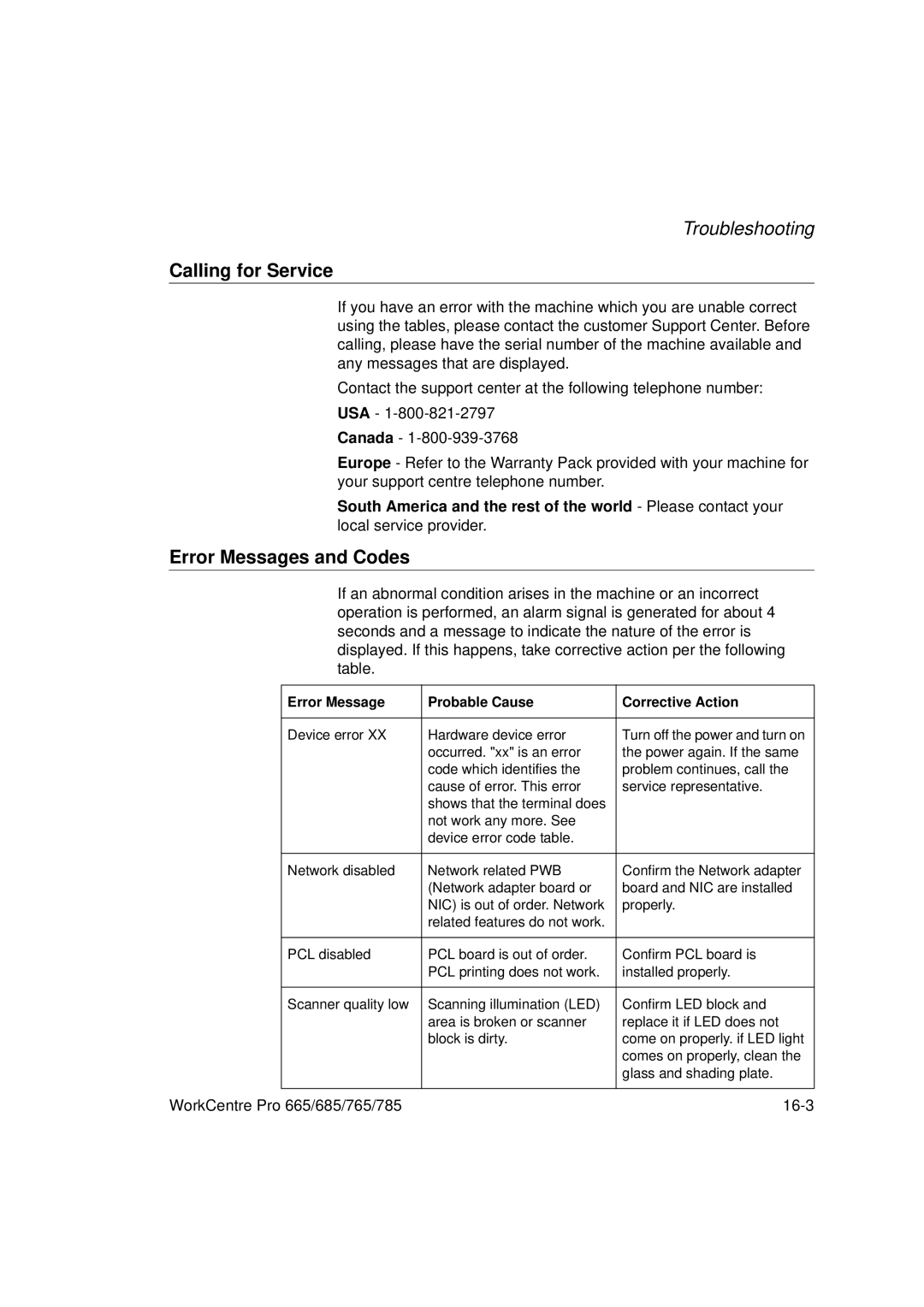 Xerox 785, 765, 665, 685 manual Calling for Service, Error Messages and Codes 