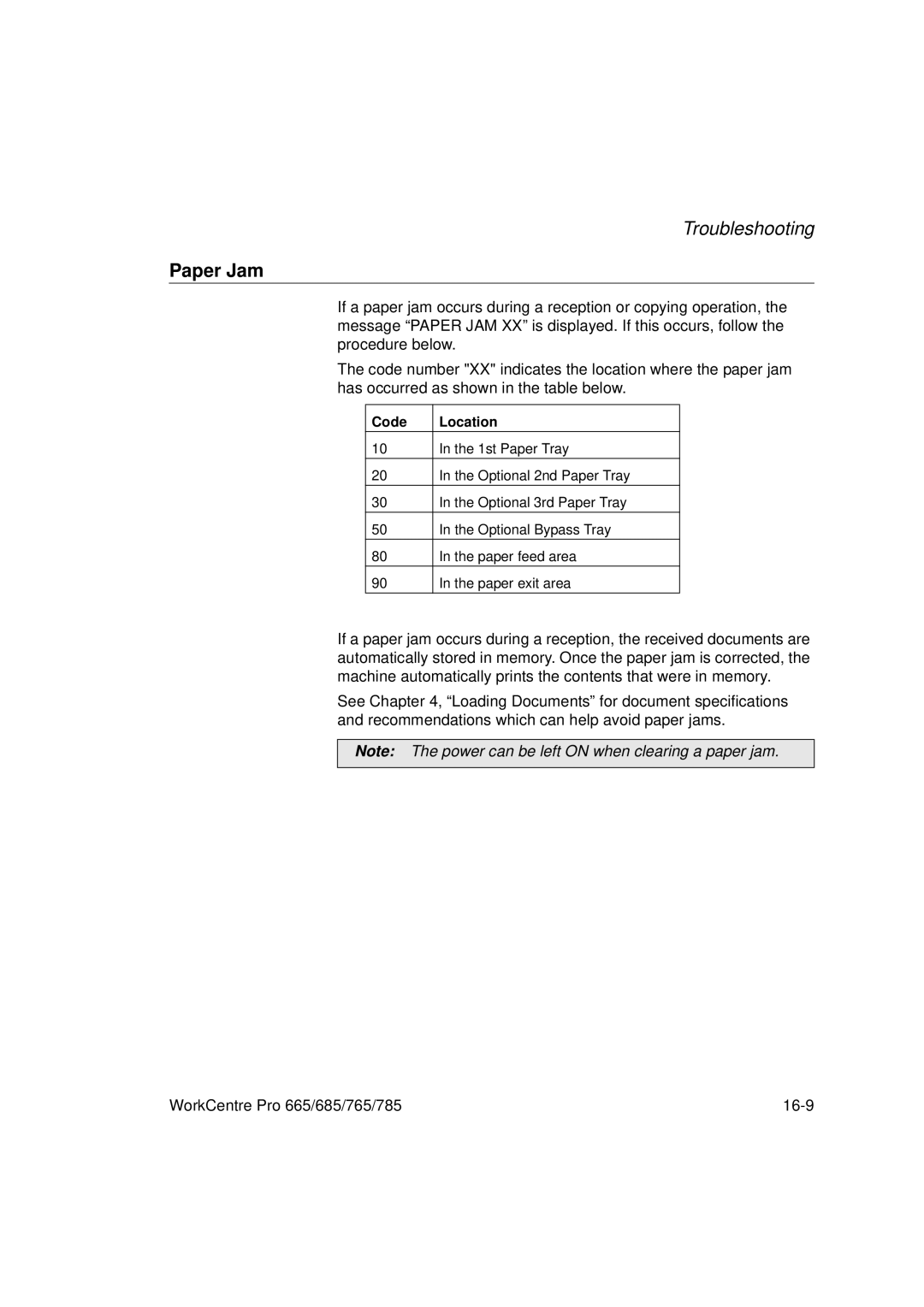 Xerox 665, 765, 685, 785 manual Paper Jam, Code Location 