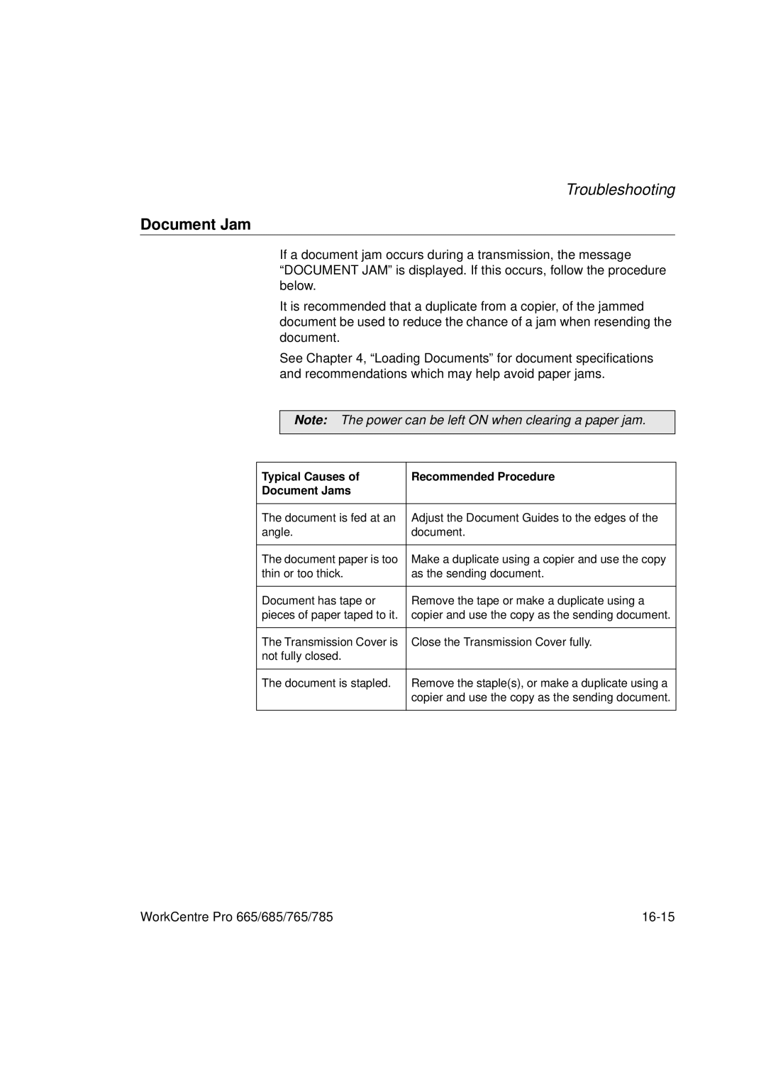 Xerox 785, 765, 665, 685 manual Typical Causes Recommended Procedure Document Jams 