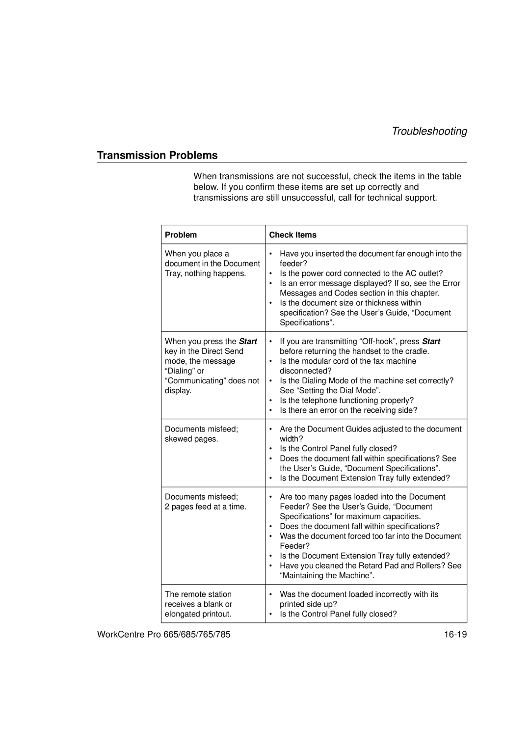 Xerox 785, 765, 665, 685 manual Transmission Problems, Problem Check Items 