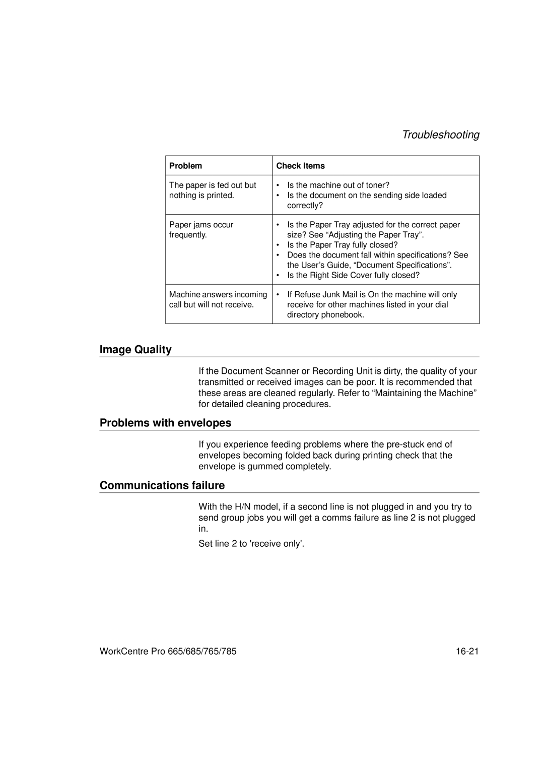 Xerox 665, 765, 685, 785 manual Image Quality, Problems with envelopes, Communications failure 