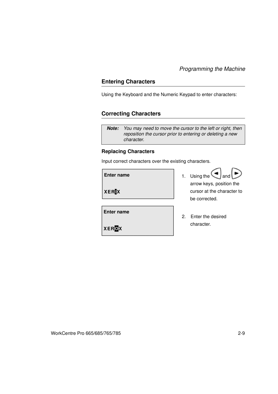 Xerox 665, 765, 685, 785 manual Entering Characters, Correcting Characters, Replacing Characters, Enter name 