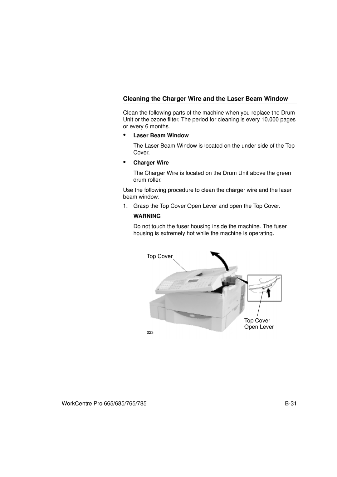 Xerox 665, 765, 685, 785 manual Cleaning the Charger Wire and the Laser Beam Window 