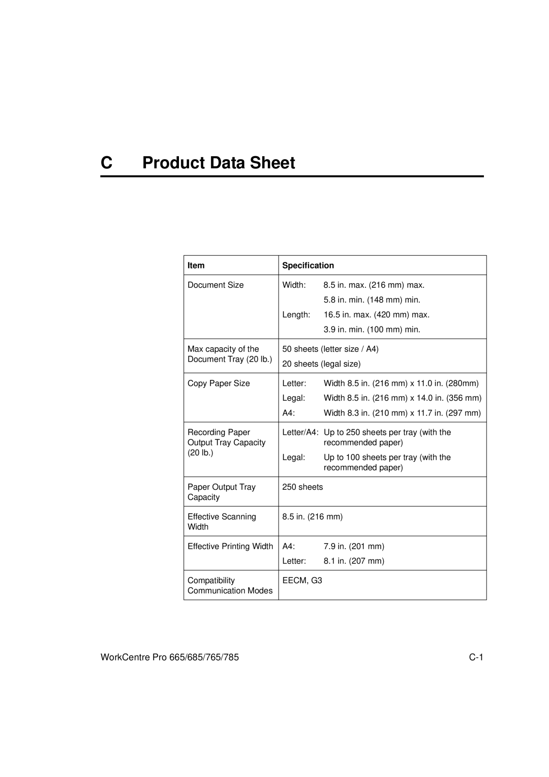 Xerox 665, 765, 685, 785 manual Product Data Sheet, Specification 