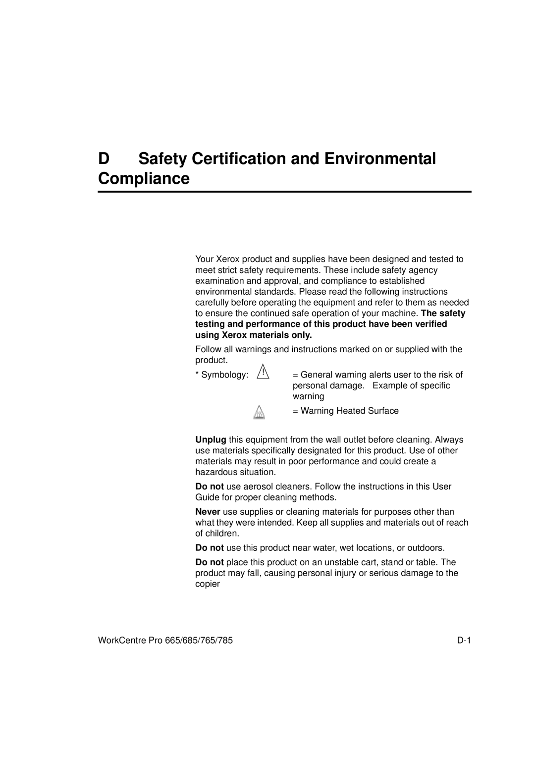 Xerox 665, 765, 685, 785 manual Safety Certification and Environmental Compliance 