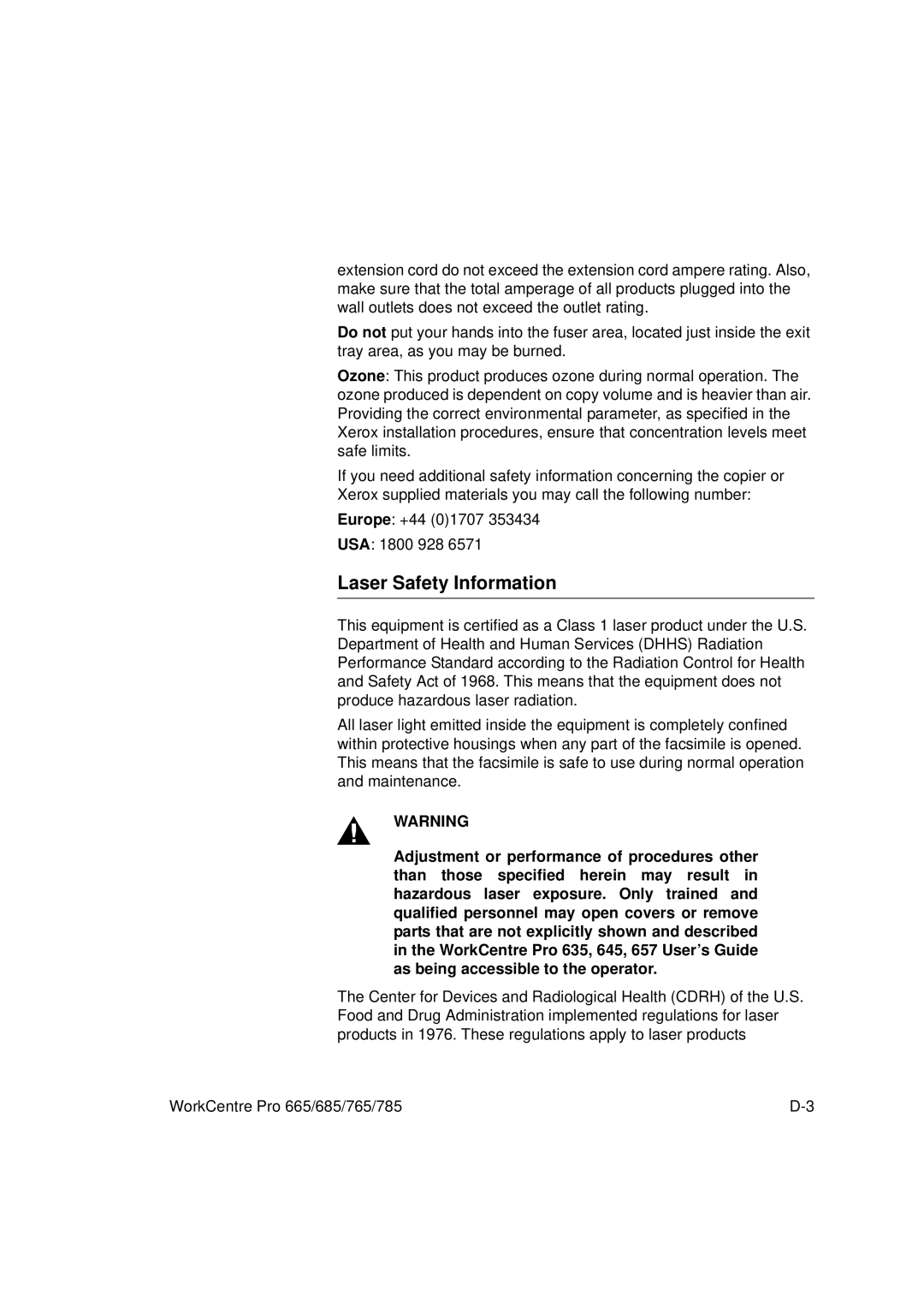 Xerox 785, 765, 665, 685 manual Laser Safety Information 