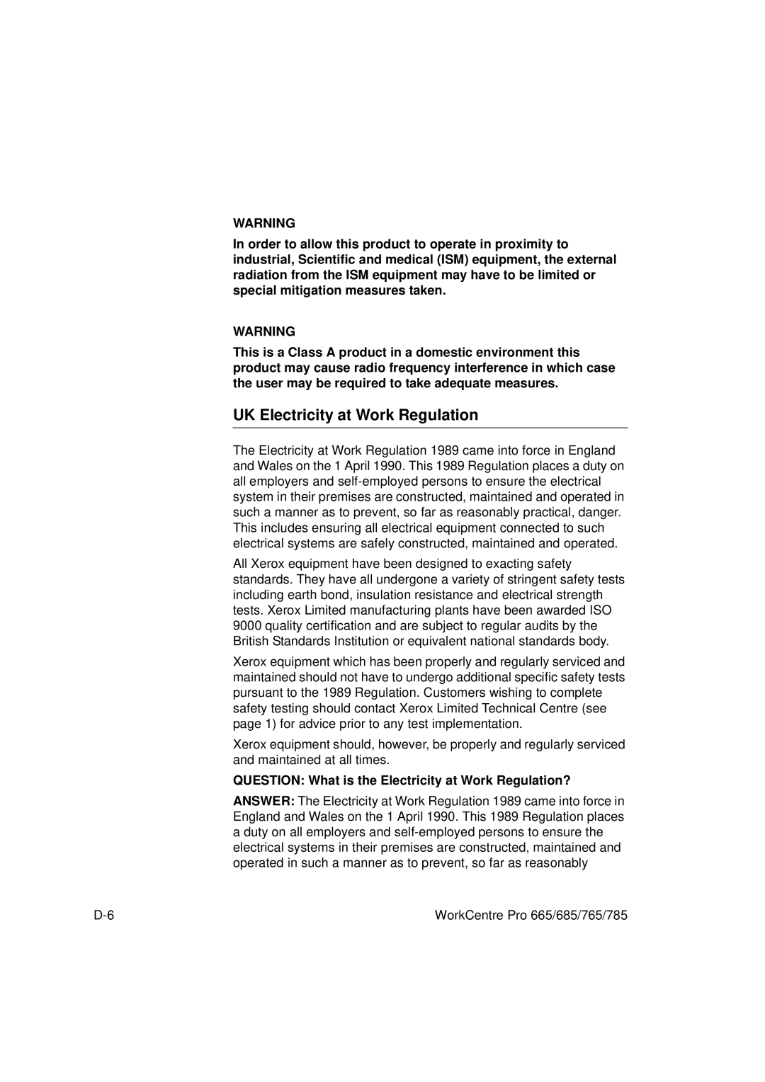 Xerox 685, 765, 665, 785 manual UK Electricity at Work Regulation, Question What is the Electricity at Work Regulation? 