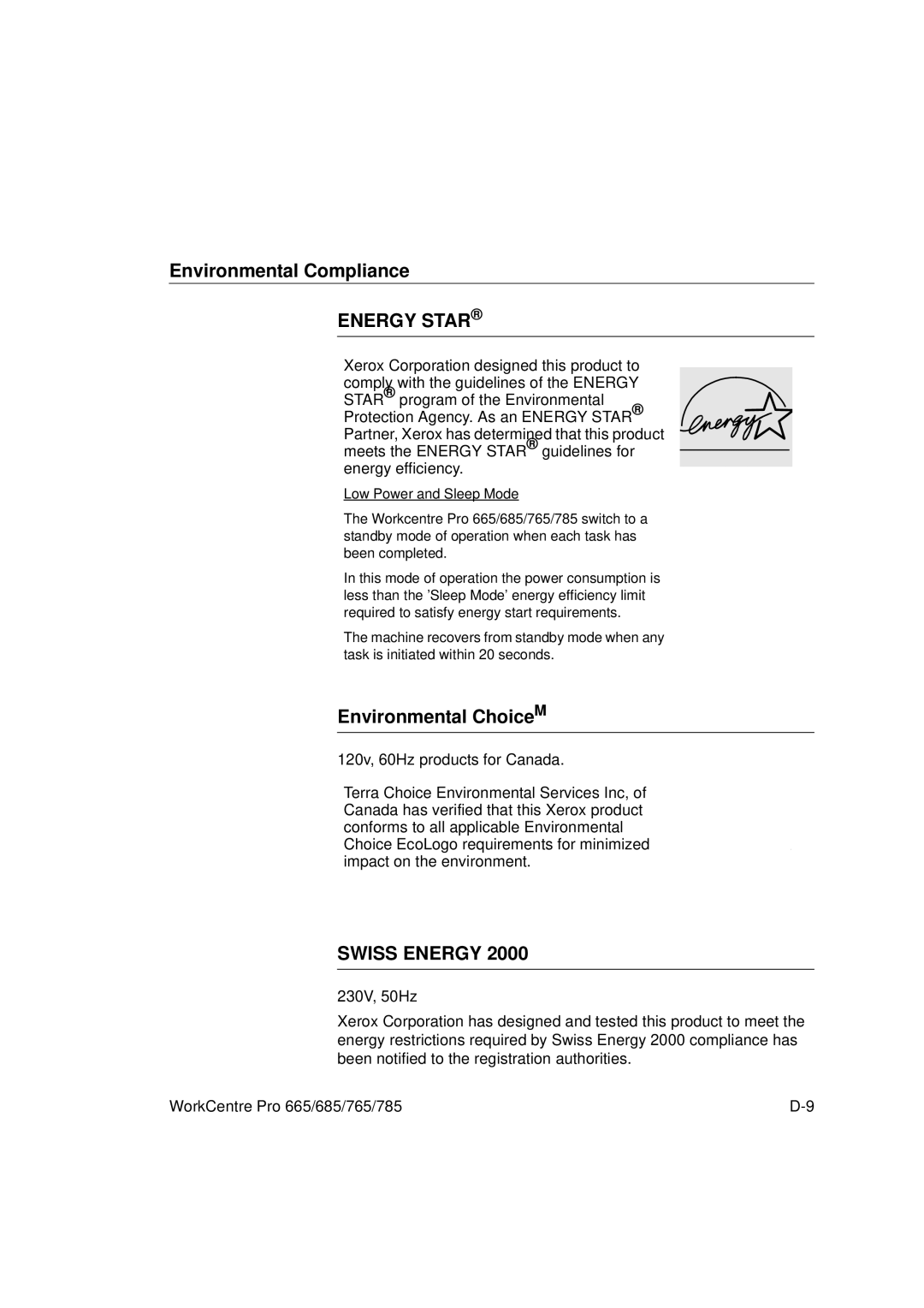 Xerox 665, 765, 685, 785 manual Environmental Compliance, Environmental ChoiceM 