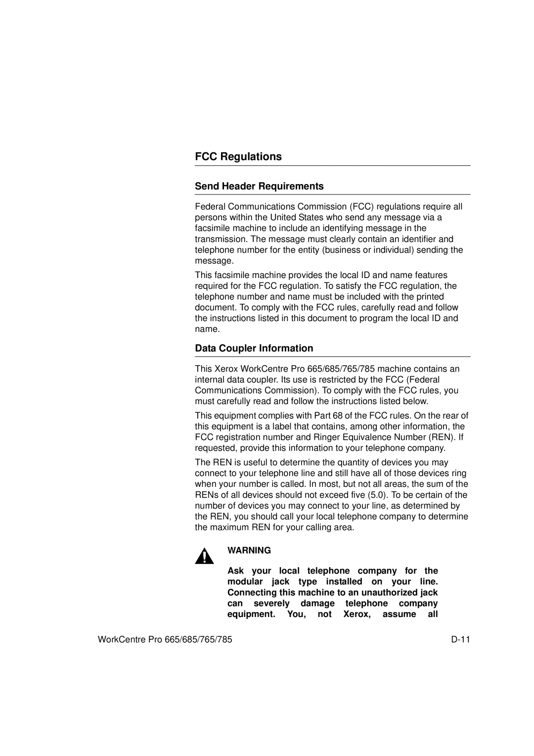 Xerox 785, 765, 665, 685 manual FCC Regulations, Send Header Requirements, Data Coupler Information 