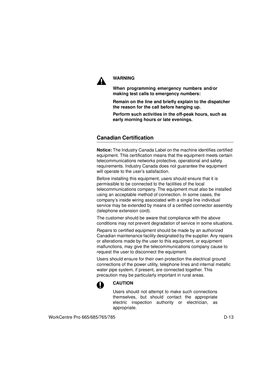 Xerox 665, 765, 685, 785 manual Canadian Certification 