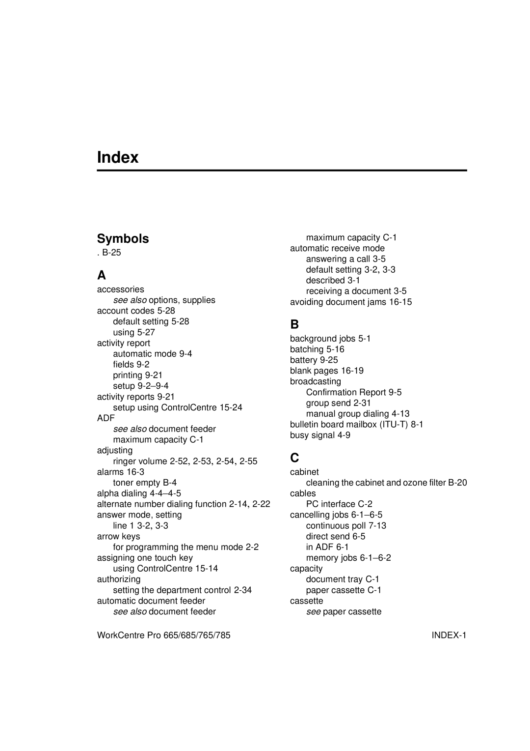 Xerox 785, 765, 665, 685 manual Index, Symbols 