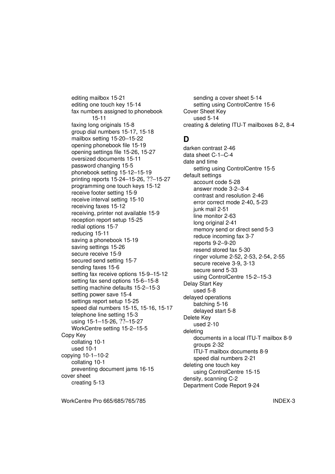 Xerox 665, 765, 685, 785 manual INDEX-3 