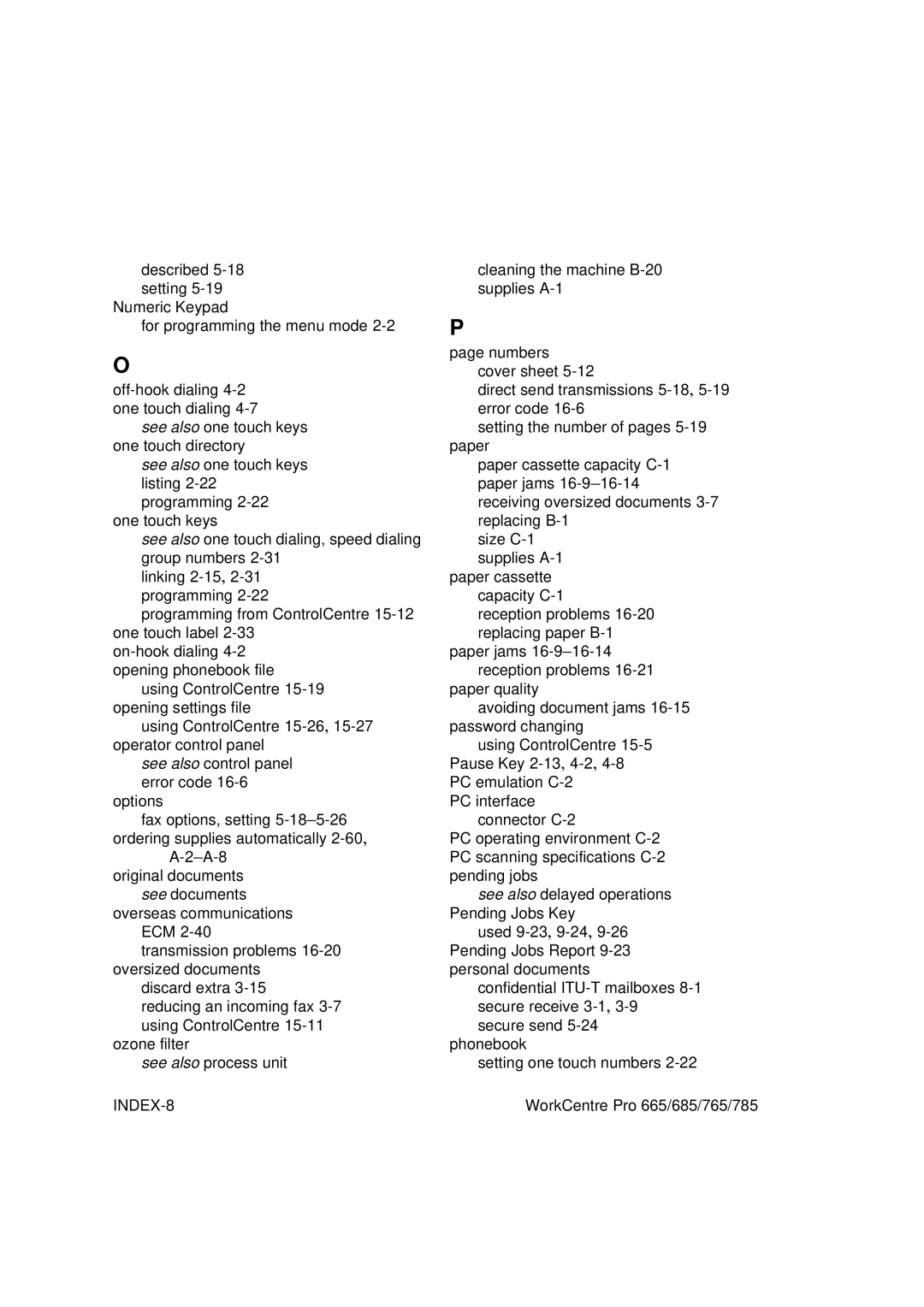 Xerox 685, 765, 665, 785 manual INDEX-8 