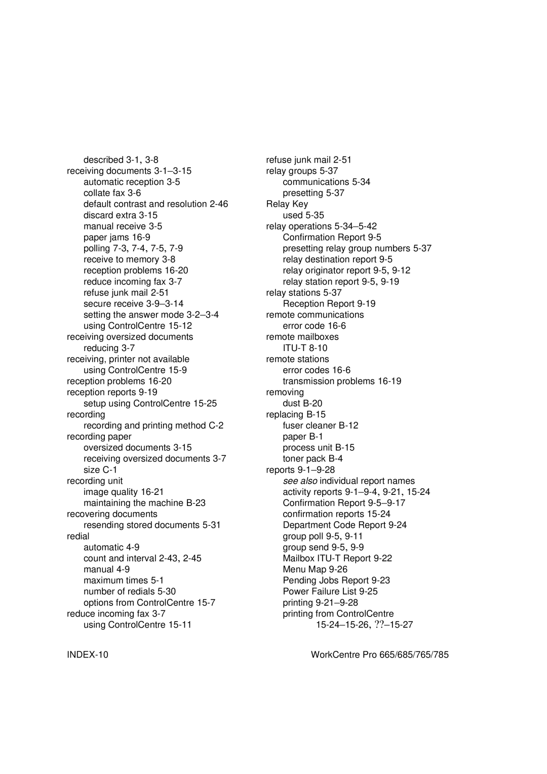 Xerox 765, 665, 685, 785 manual INDEX-10 