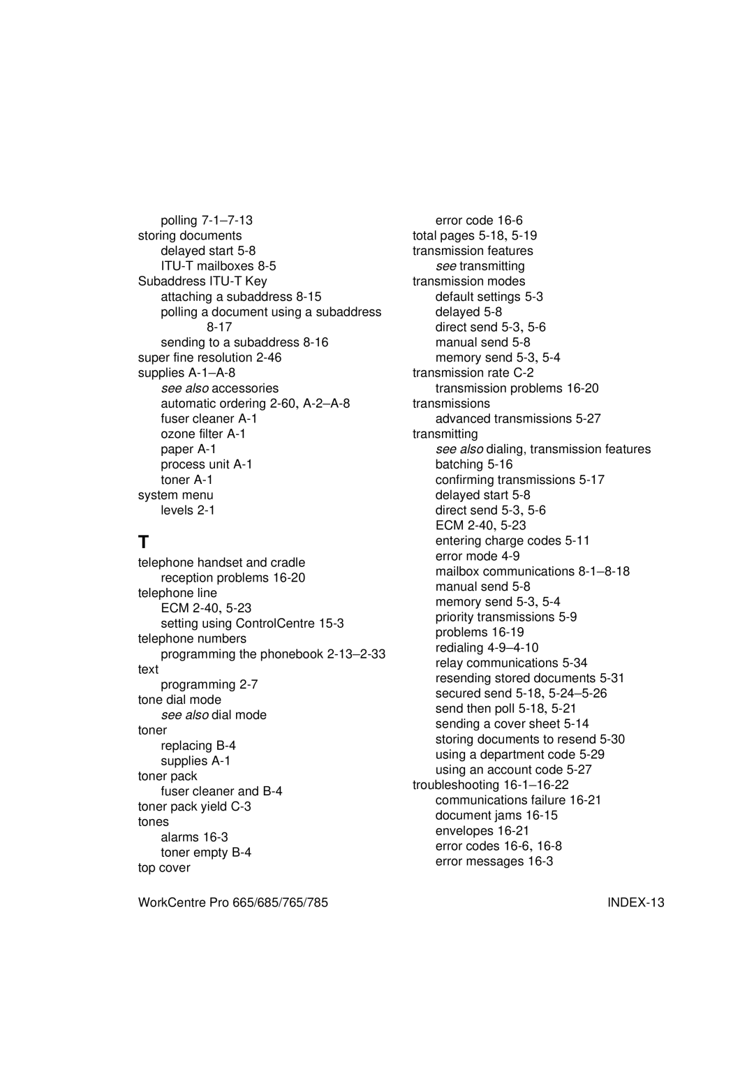 Xerox 785, 765, 665, 685 manual INDEX-13 