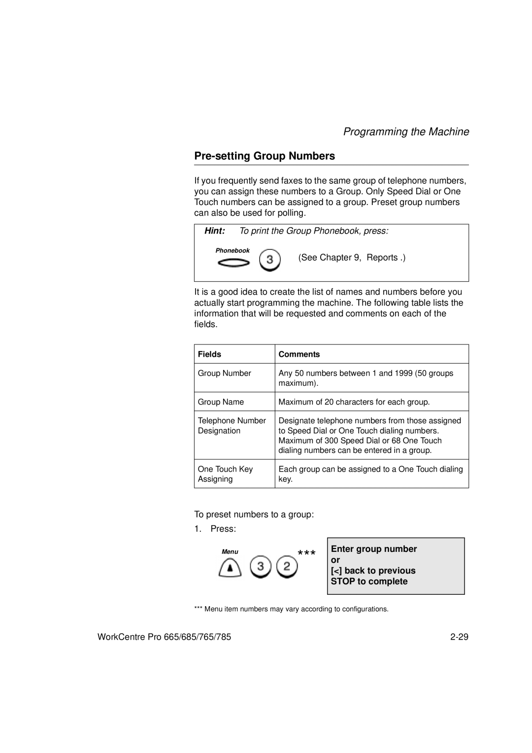 Xerox 665, 765, 685, 785 manual Pre-setting Group Numbers, Enter group number or Back to previous Stop to complete 